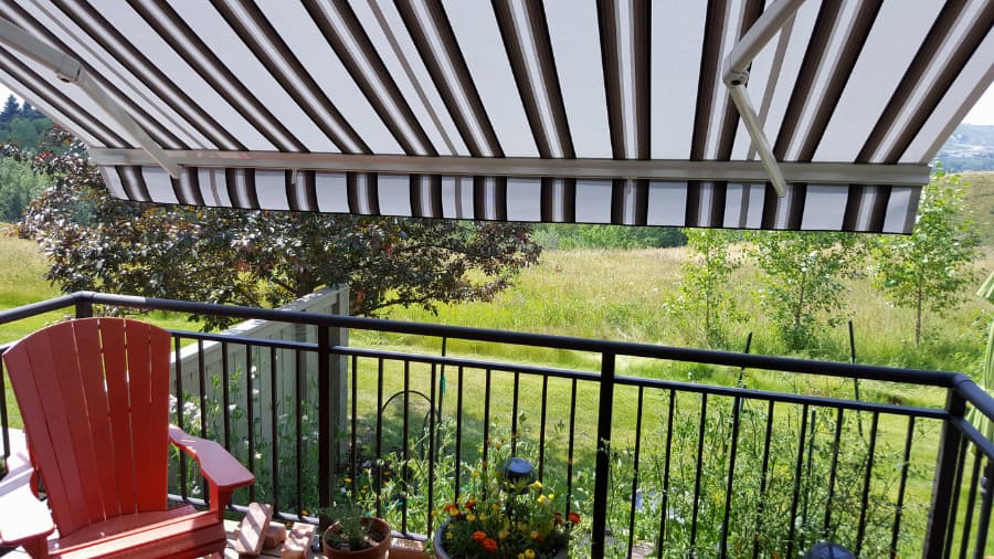 Patio with awning overlooking backyard with garden and trees